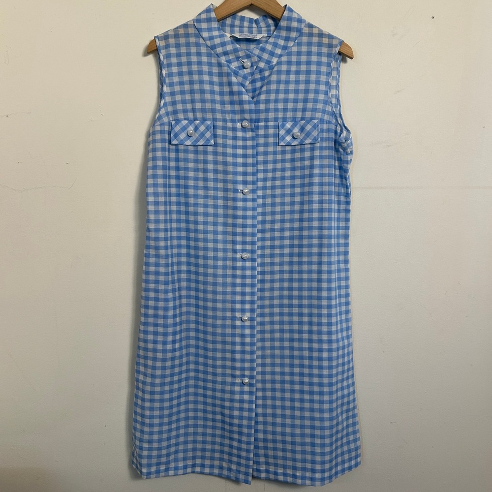 Sears Perma-Prest Vintage 60s‎ Gingham Button Front Shift Dress Blue White 16